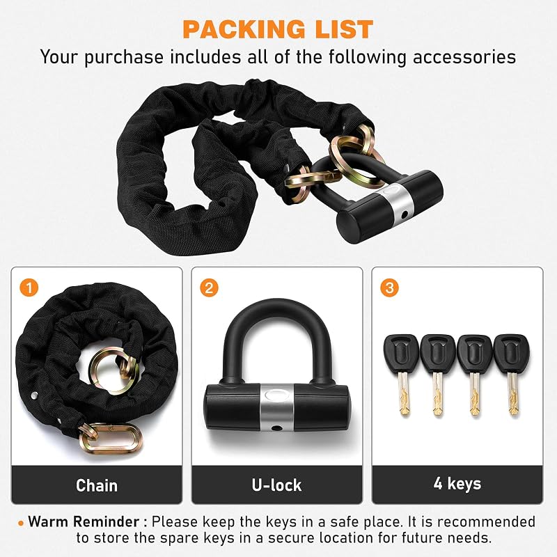 Heavy Duty 10mm Motorcycle Chain Lock with U-Lock, 3.9ft, 4 Keys, Rose Gold