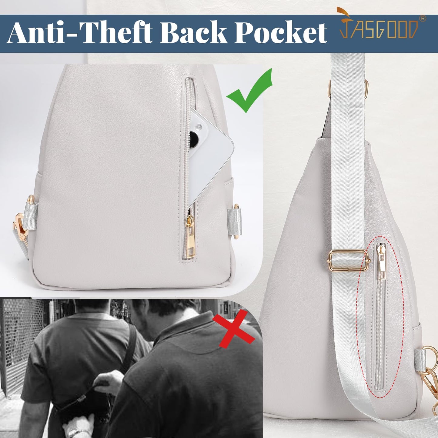 JASGOOD Sling Bag for Women Crossbody Leather Anti-theft Fanny Packs Chest Bag Sling Backpack for Fashion Travel,Light Gray