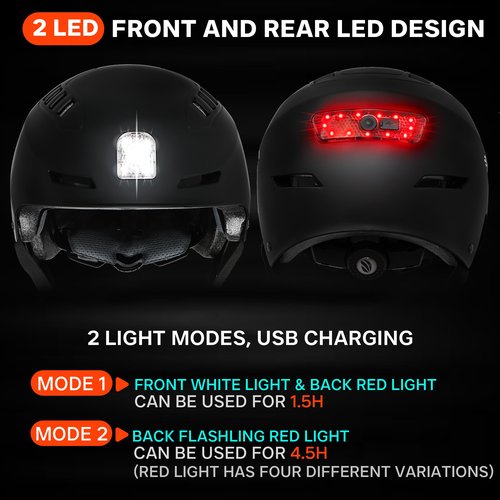 DKONI Bike Helmet with LED Lights Bicycle Helmets Commuter Cycling Helmet USB Rechargeable Front & Back LED Light Helmet for Adult Men Women (Large, Black)