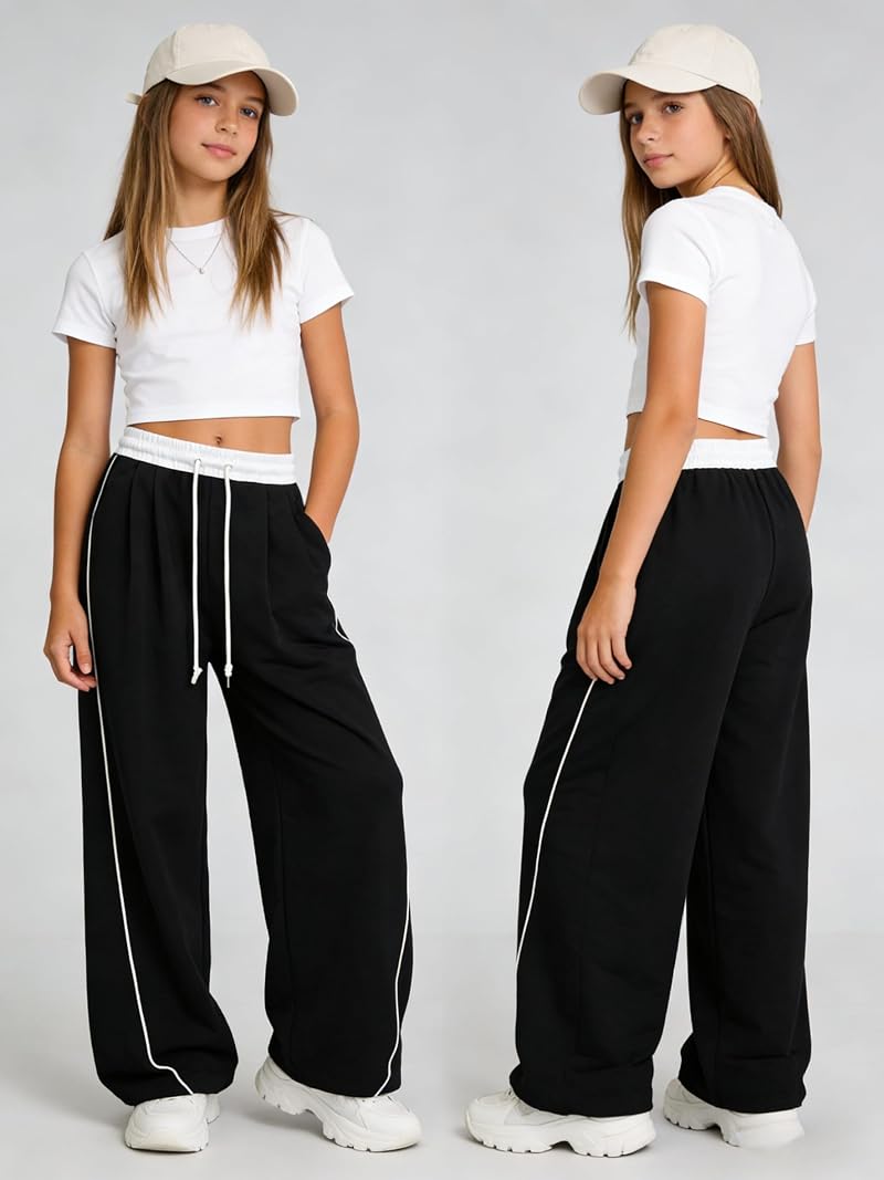 2 Pack Kids Sweatpants Wide Leg High Waist with Pockets – Black & Grey, 7-14 Years