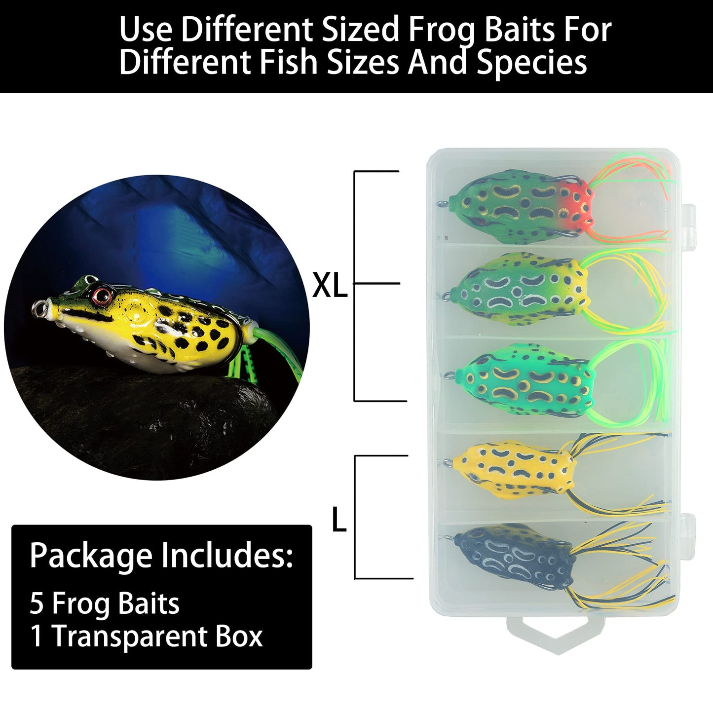 5PCS Topwater Frog Lures Set with Box, Realistic Soft Hollow Body Fishing Lures for Bass Snakehead Pike Bowfin, Weedless Freshwater Simulated Frog Baits