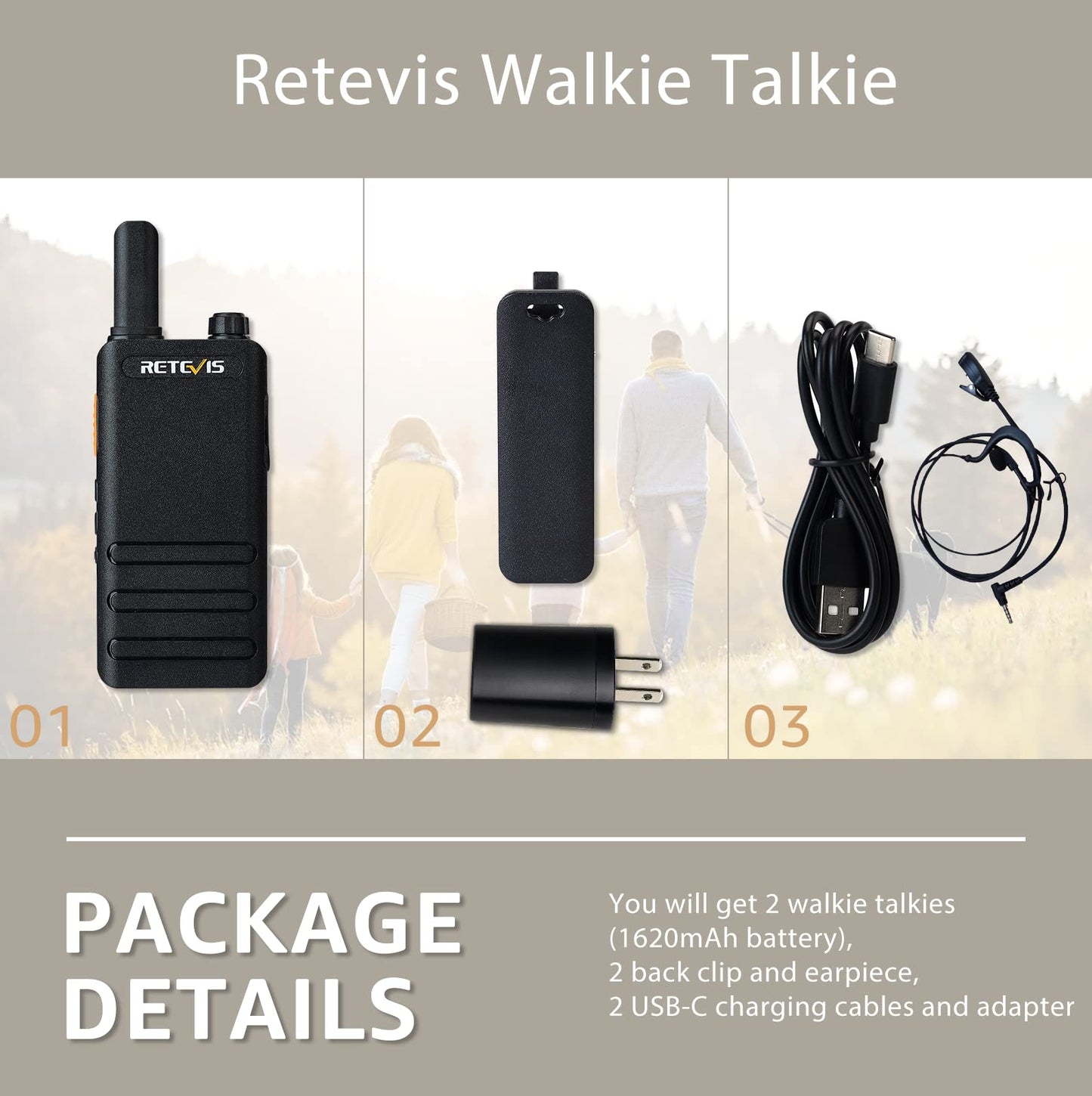 Retevis RT22P Walkie Talkies Long Range, Rechargeable FRS Two Way Radios with Earpiece for Adults, New Version of RT22(2.0), 1620mAh, USB-C, VOX, Handheld Small 2 Way Radio for Camping Hiking(2 Pack)
