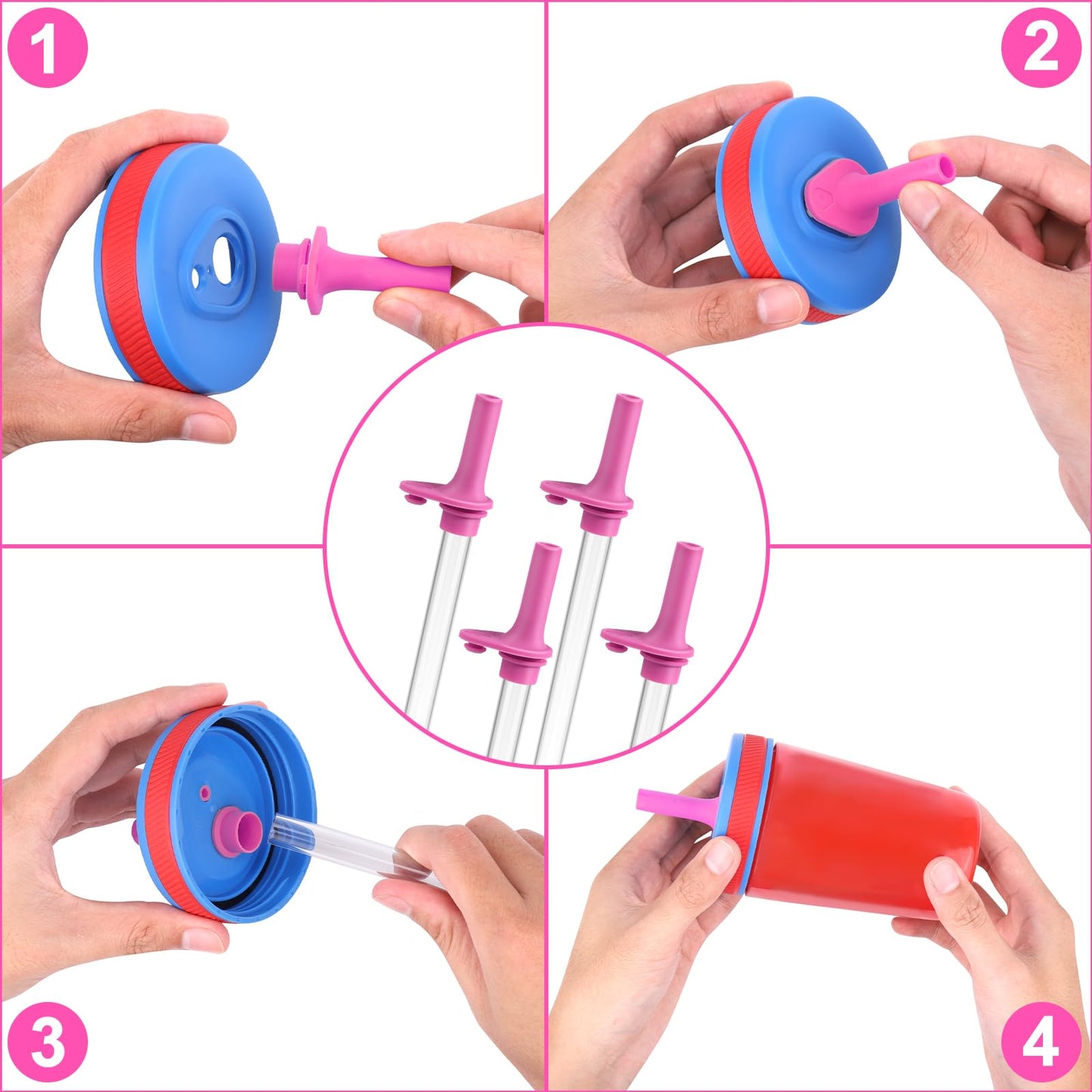 XANGNIER Replacement Straws and Bite Valve Compatible with Zak Designs Kelso 15 oz Tumbler Water Bottle,4 Pcs Silicone Straws with Cleaning Brush for Zak Designs Kelso 12 oz Cups,Hot Pink