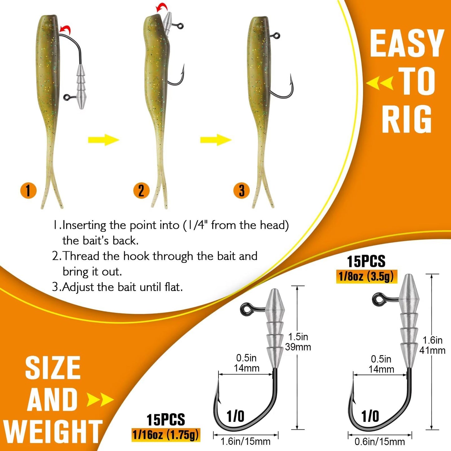 15PCS Hover Rig Jighead Swimbait Jig Heads for Bass Fishing Bass Hooks 1/0 Hover Strolling Rig Kit Fishing Jig Heads 1/8OZ