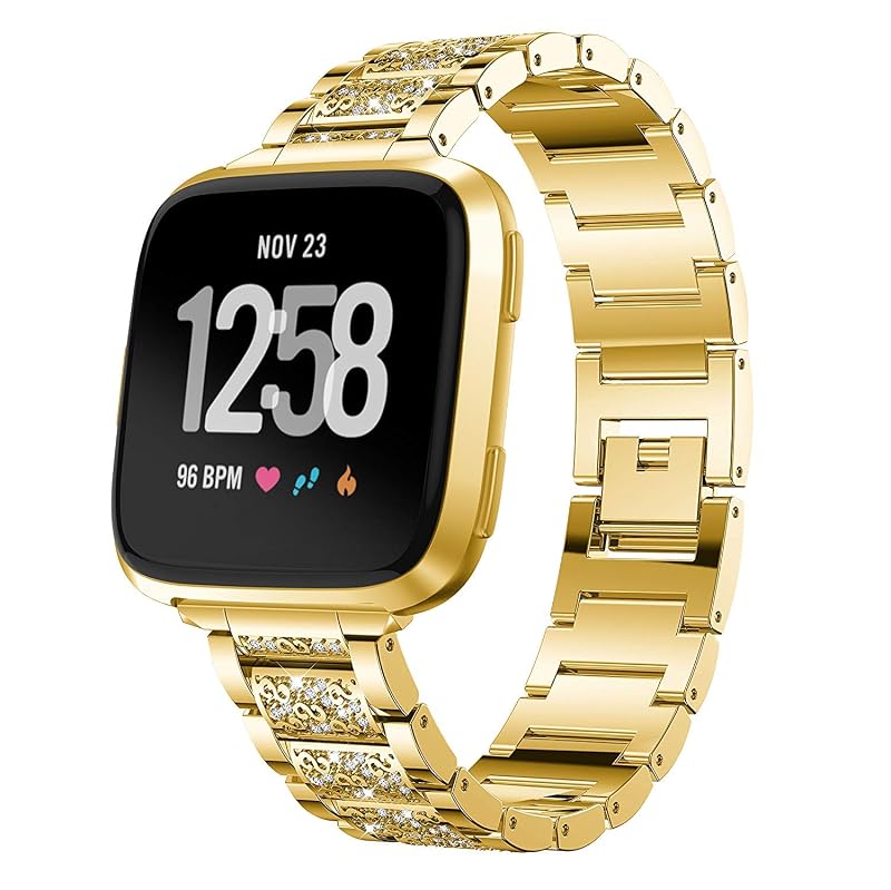 Diamond Rhinestone Fitbit Versa Band - Gold Stainless Steel Replacement Strap (Variation: Gold+for Versa Versa2)