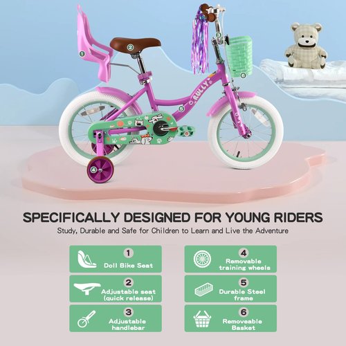 RULLY 14 Inch Girls Bike with Training Wheels, Purple Kids Bicycle with Basket & Doll Seat for 3 4 5 Years Old Toddlers, Children's Bicycle for Beginners