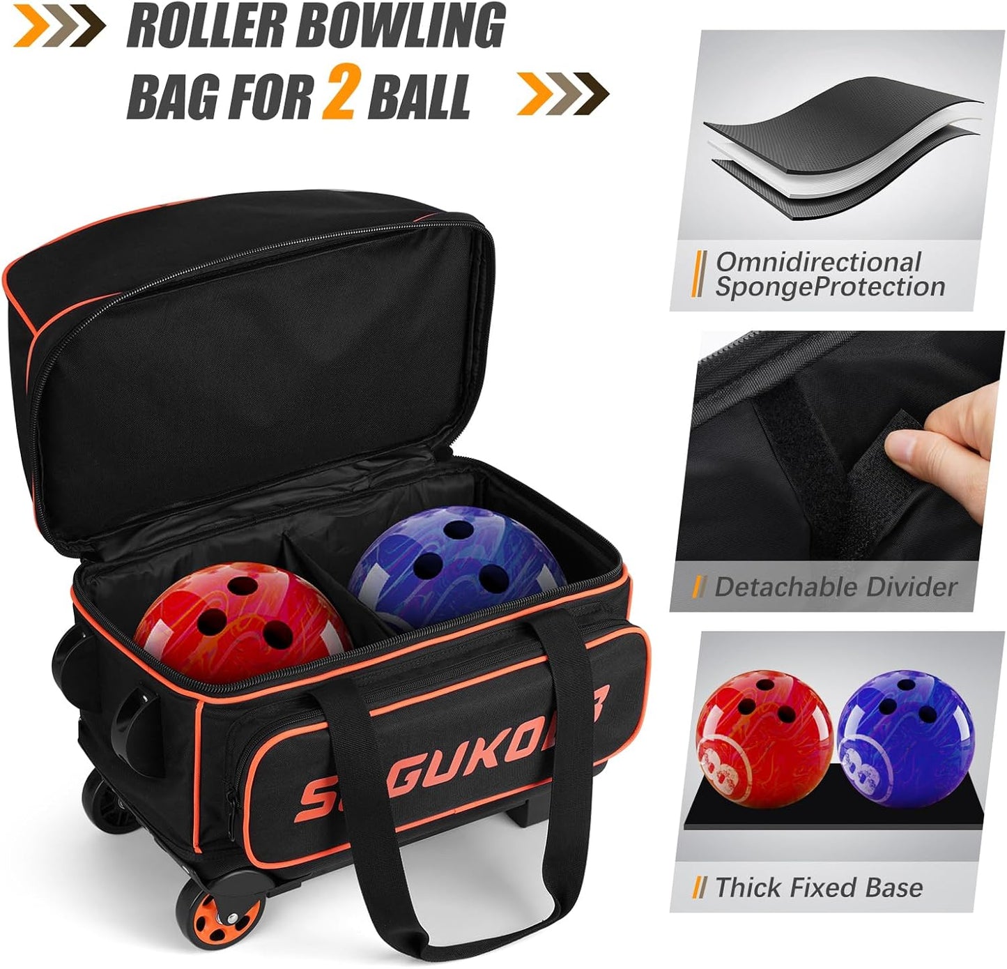2 Bowling ball Bag with Wheels, Lightweight Trolley Double Ball Bowling bag with Large Separate Shoe Compartment and Oversized Accessory Pocket, Retractable Handle Extends To 39.5"