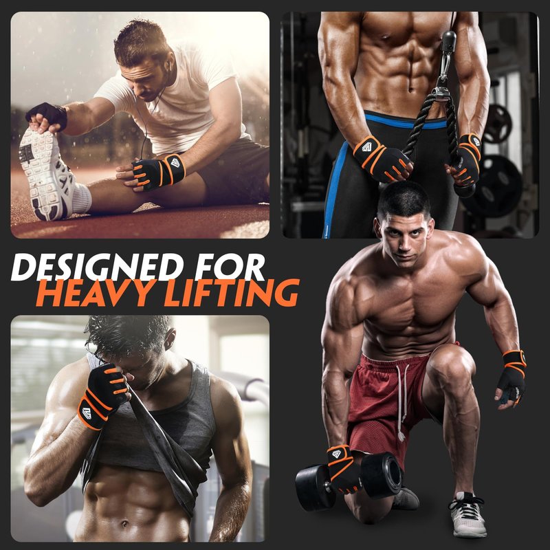 HTZPLOO Workout Gloves for Men Women - Weight Lifting With Full Palm Pad, Strong Wrist Wraps Support, Enhanced Grip - Fitness, Training, Exercise (Black&Orange, Medium)