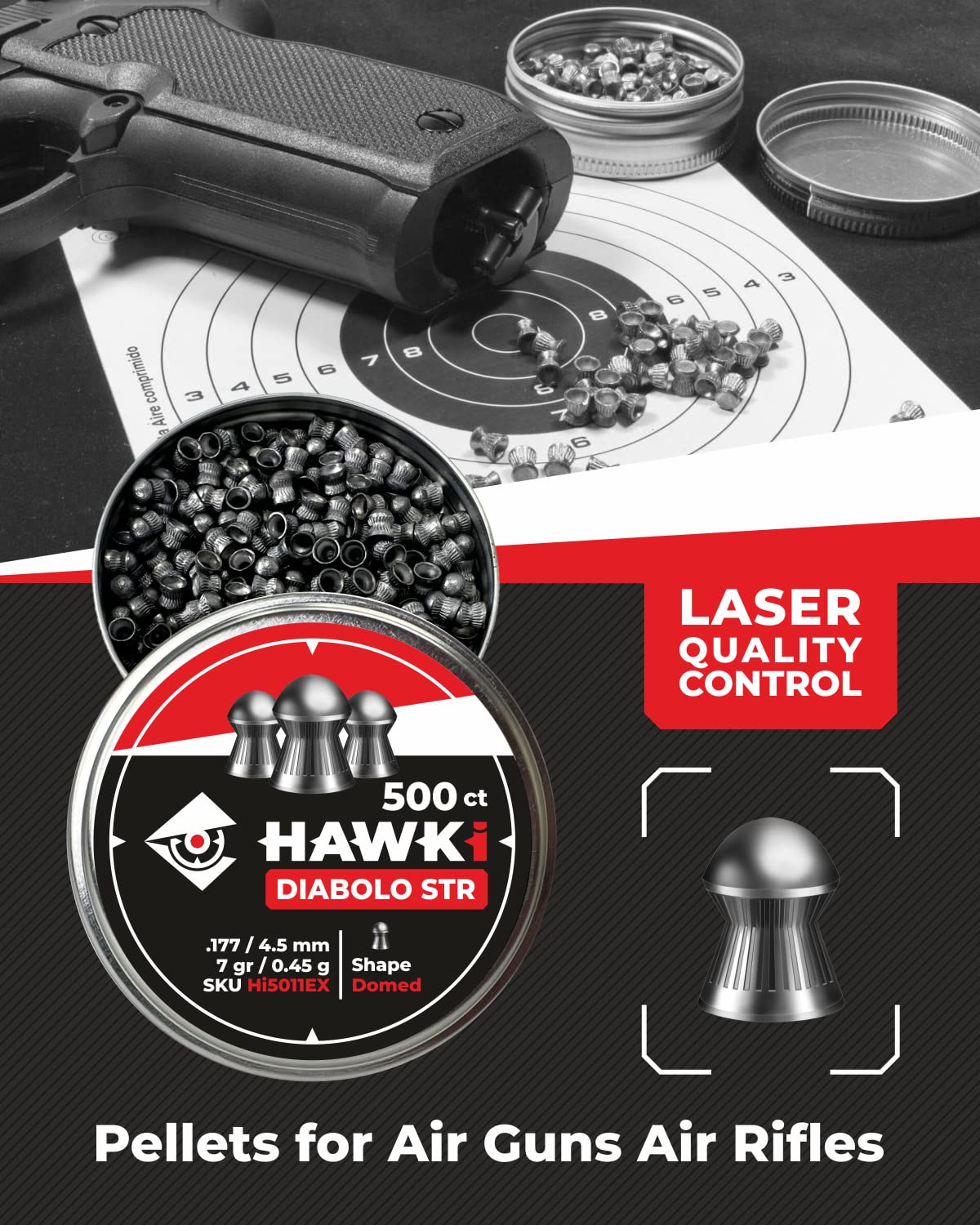 Hawki Airgun Pellets -.177/4.5mm Caliber (7 gr/0.45 g) 500 ct Hi5011EX Domed