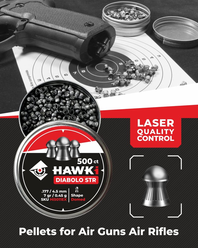Hawki Airgun Pellets -.177/4.5mm Caliber (7 gr/0.45 g) 500 ct Hi5011EX Domed