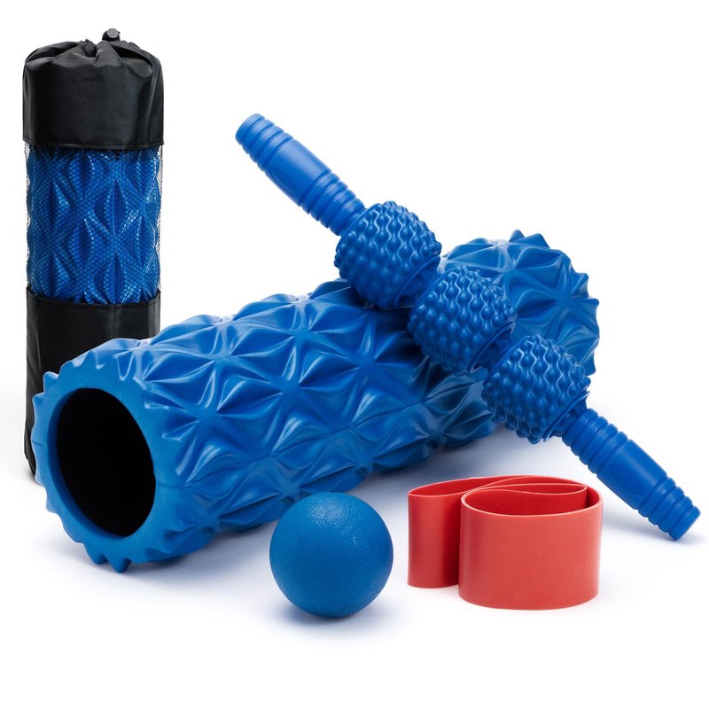 5 in1 Foam Roller Set, Trigger Point Foam Roller, Massage Roller Stick, Massage Ball, Resistance Band for Deep Muscle Massage Pilates Yoga,Fitness Exercise for Whole Body (Pure Blue)