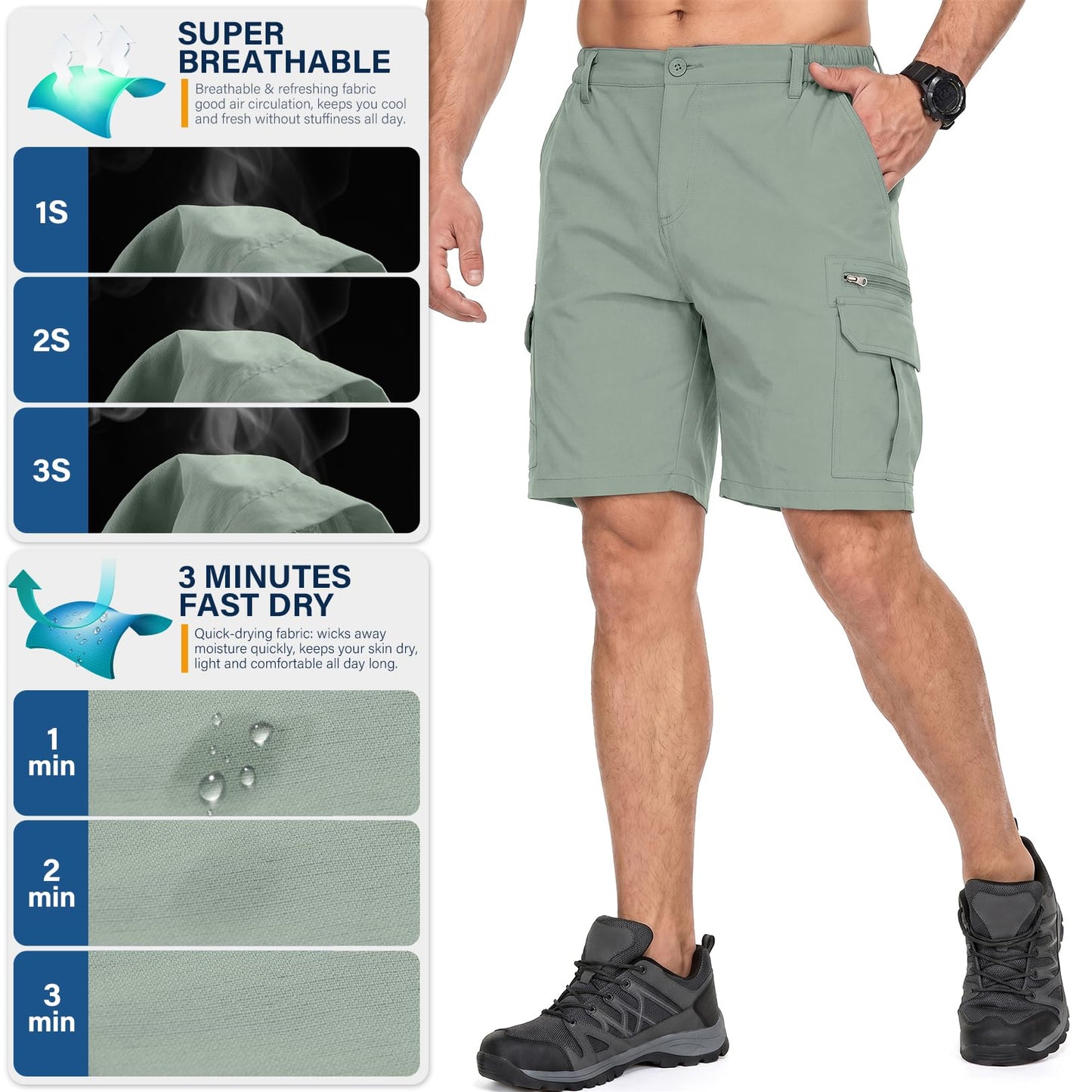 Jessie Kidden Mens Outdoor Casual Expandable Waist Lightweight Water Resistant Quick Dry Fishing Hiking Shorts (6222 Green Sage 44)
