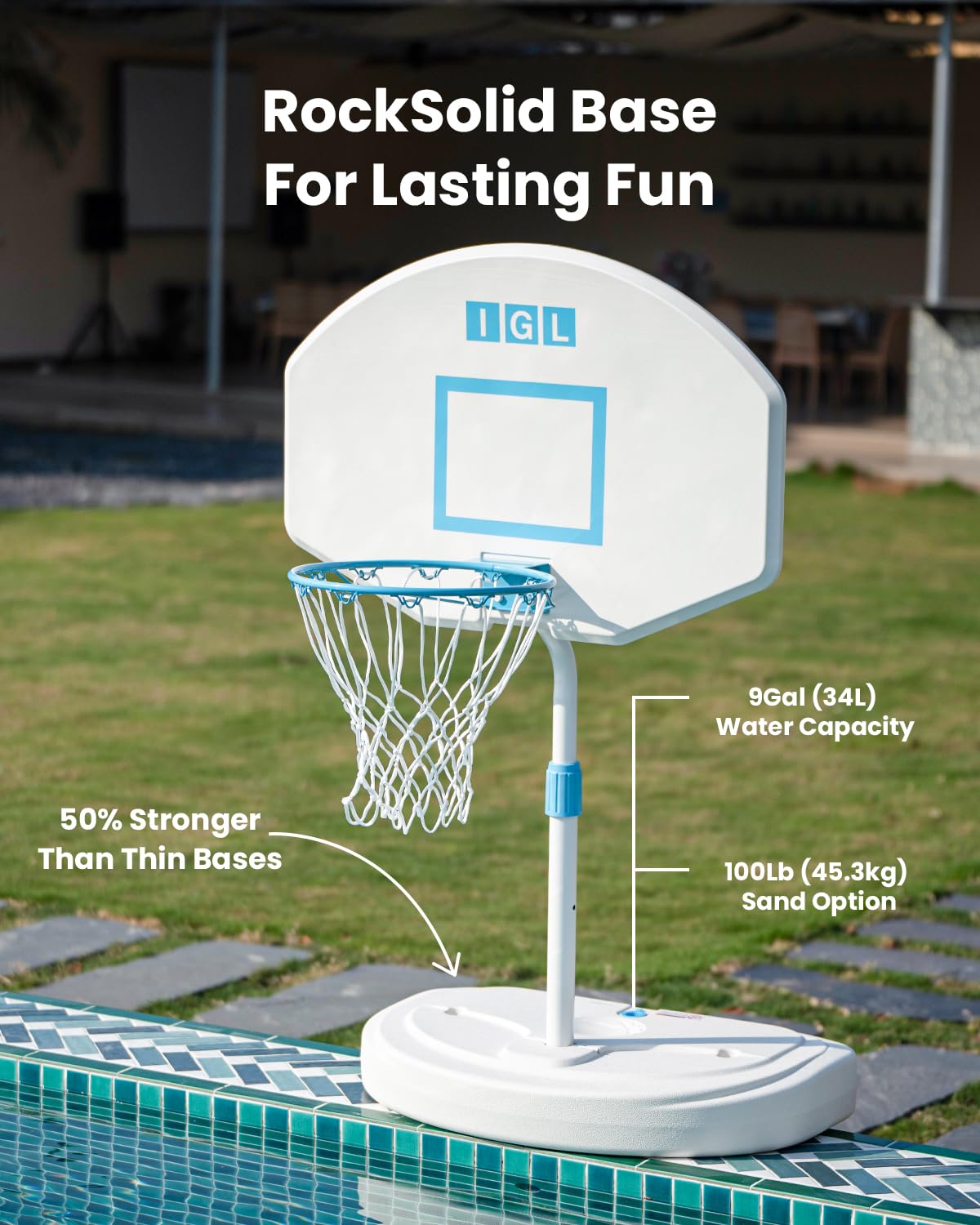 IGL Pool Basketball Hoop Poolside, Height Adjustable Swimming Basketball Hoop Outdoor for Pool, Anti-rust Stainless Steel Rim, Portable Basketball Goal System, Fillable Base, Includes 2 Balls and Pump