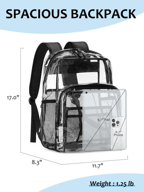 Flowston Clear Backpack Heavy Duty, 17 Inch Large TPU Clear Bookbag for Boys Girls Adult, See Through Book Bag Transparent Backpacks with Multiple Pockets for School College Work Casual Sport, Black