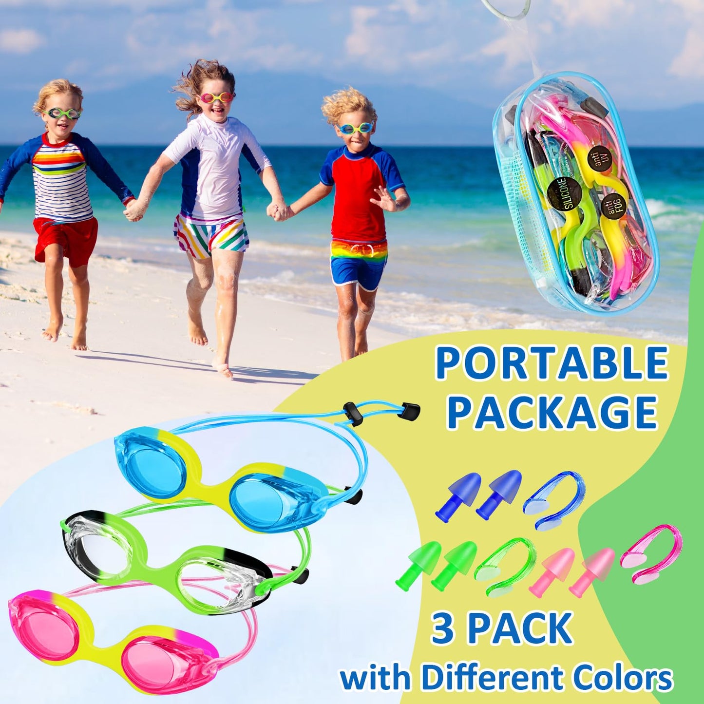 XDX Kids Swim Goggles, 3 Pack Swim Goggles with Adjust Bungee Strap, No Leaking Anti Fog Kids Goggles for Boys Girls Age 3-14