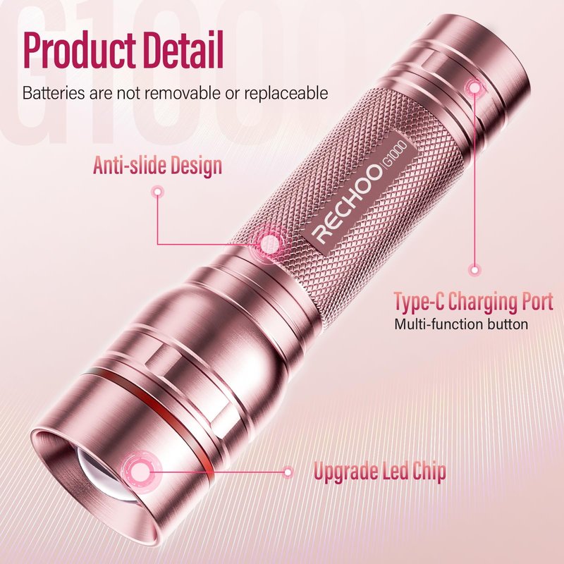 Flashlight Rechargeable High Lumens, G1000 Super Bright Flash Light Pink, Small Zoomable LED Flashlight with 3 Lighting Modes, Portable Tactical Flashlight for Camping Essentials, Gifts for Women