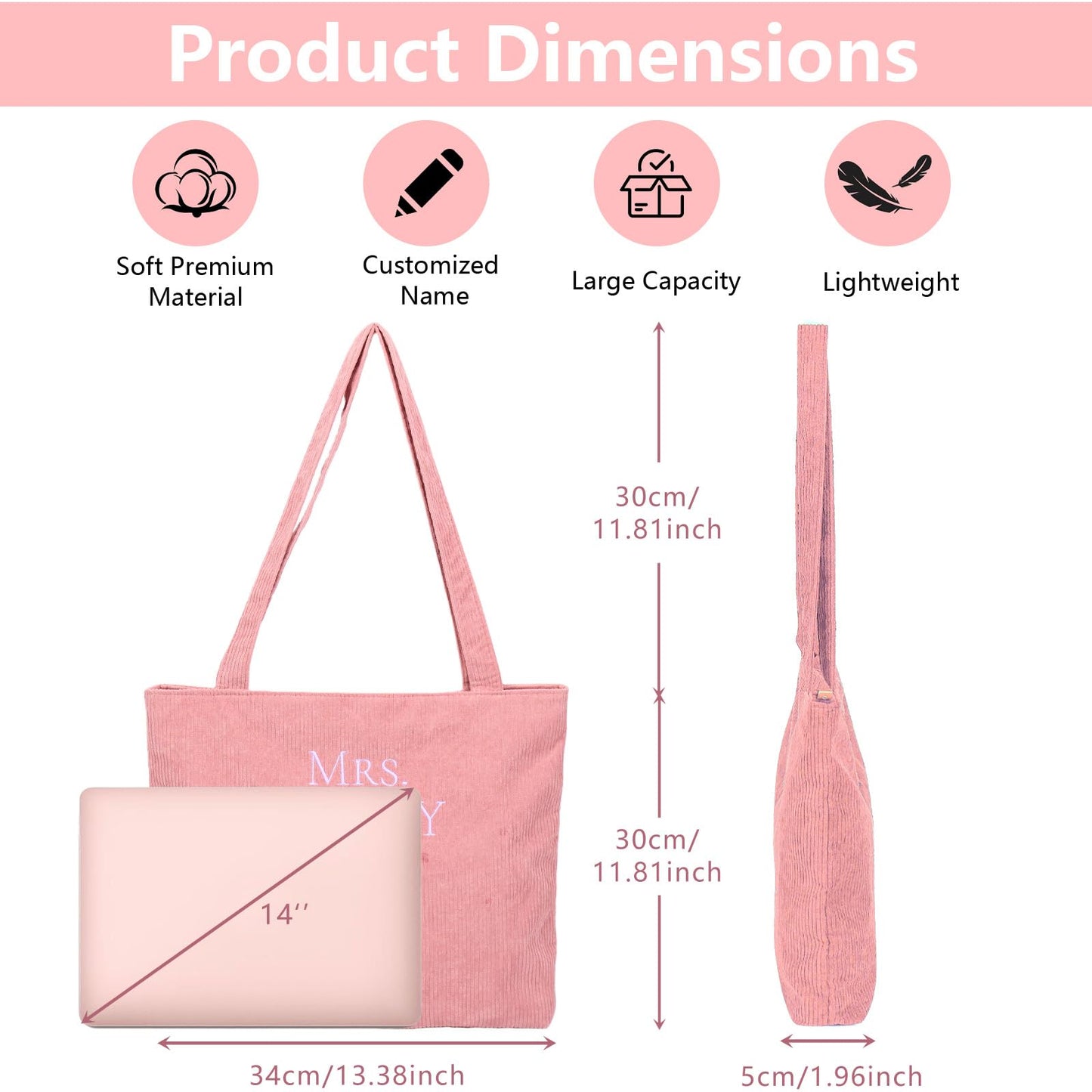 Corduroy Tote Bag for Women, Initial Tote Bag, Personalized Zipper Shoulder Bags Embroidered with Letter, Monogrammed Travel Handbags, Gift for Birthday, Bachelorette, Wedding Faver(Pink
