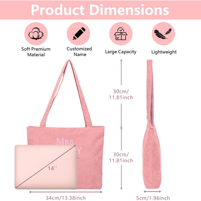 Corduroy Tote Bag for Women, Initial Tote Bag, Personalized Zipper Shoulder Bags Embroidered with Letter, Monogrammed Travel Handbags, Gift for Birthday, Bachelorette, Wedding Faver(Pink