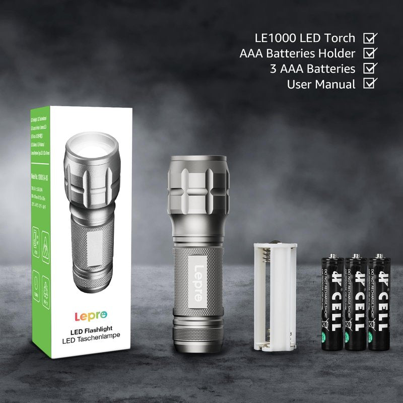 Lighting EVER LED Flashlights High Lumens, Small Flashlight, Waterproof, Adjustable Focus Flash Light for Outdoor, Emergency, AAA Batteries Included
