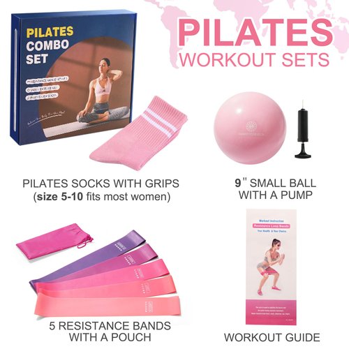 floconssy Pilates Ball Resistance Bands Pilates Socks Sets, Loop Exercise Bands 5 Levels, Small Pilates Ball 9 Inch, Non Slip Socks Grips Yoga Kit for Home Workouts Pink