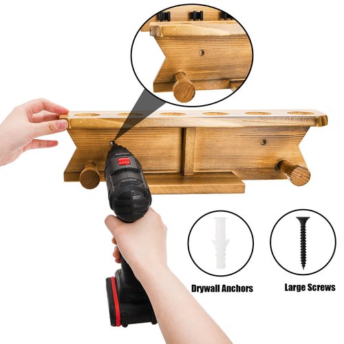 Pumtus Wall Mount Pool Stick Holder, Wood Billiard Cue Rack, Hold 6 Cues and 2 Triangle Racks, Sturdy Pool Cue Rack, Wall Billiard Stick Holder, Pool Table Accessories Organizer for Game Room, Bar