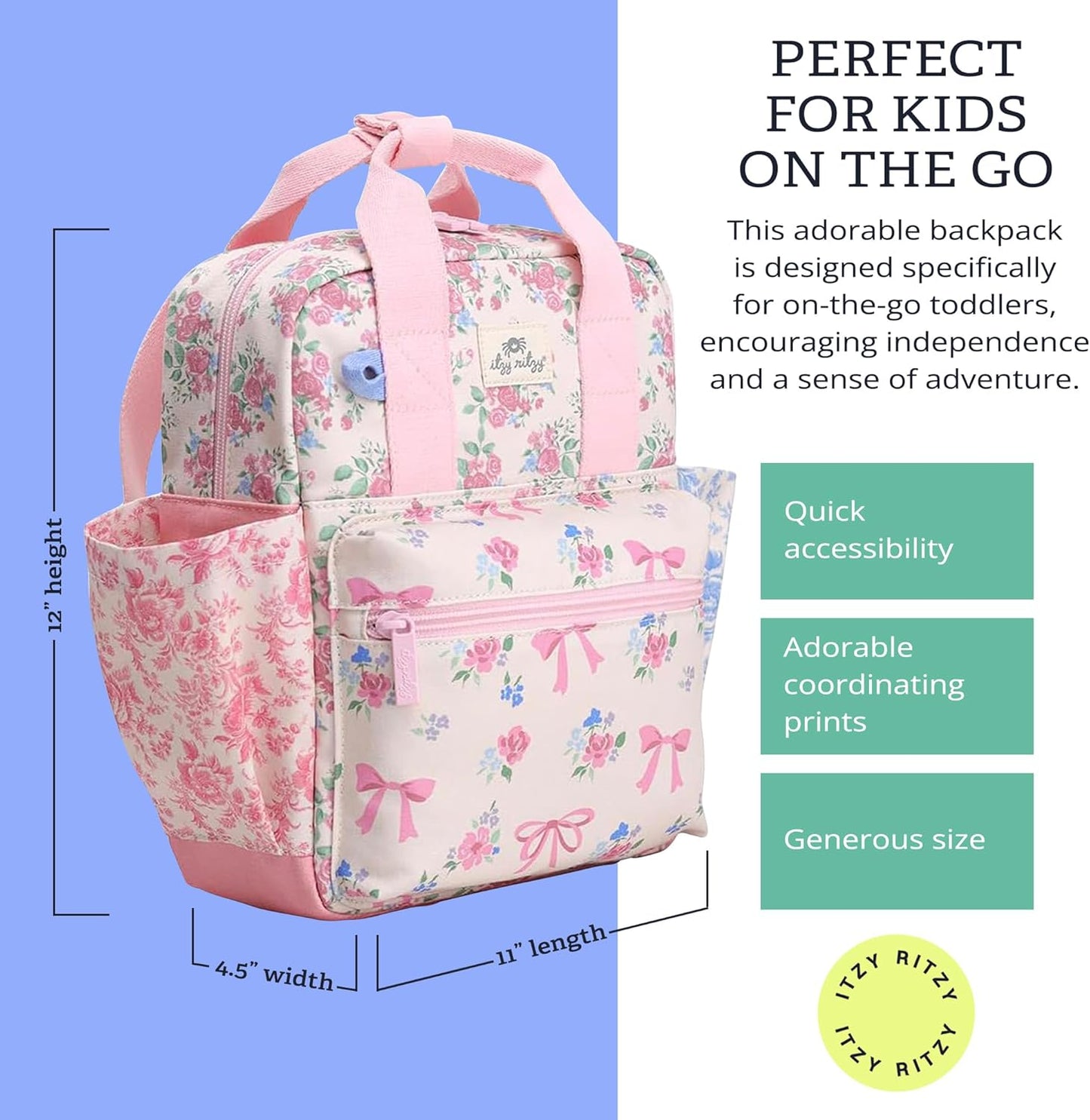 Itzy Ritzy Toddler Backpack - Daycare Bag - Features Adjustable Shoulder Straps, 2 Side Pockets & Spacious Interior with Wipeable Fabric Lining & Name Label, Strawberry Backpack