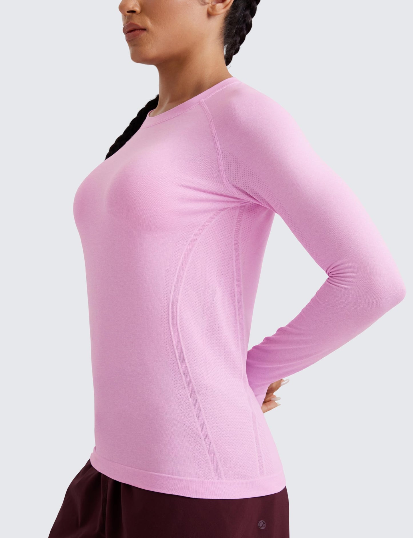 CRZ YOGA Seamless Long Sleeve Shirts for Women Hip Length - Workout Athletic Running Gym Yoga Tops Breathable Crewneck Tshirt Heather Pink Medium