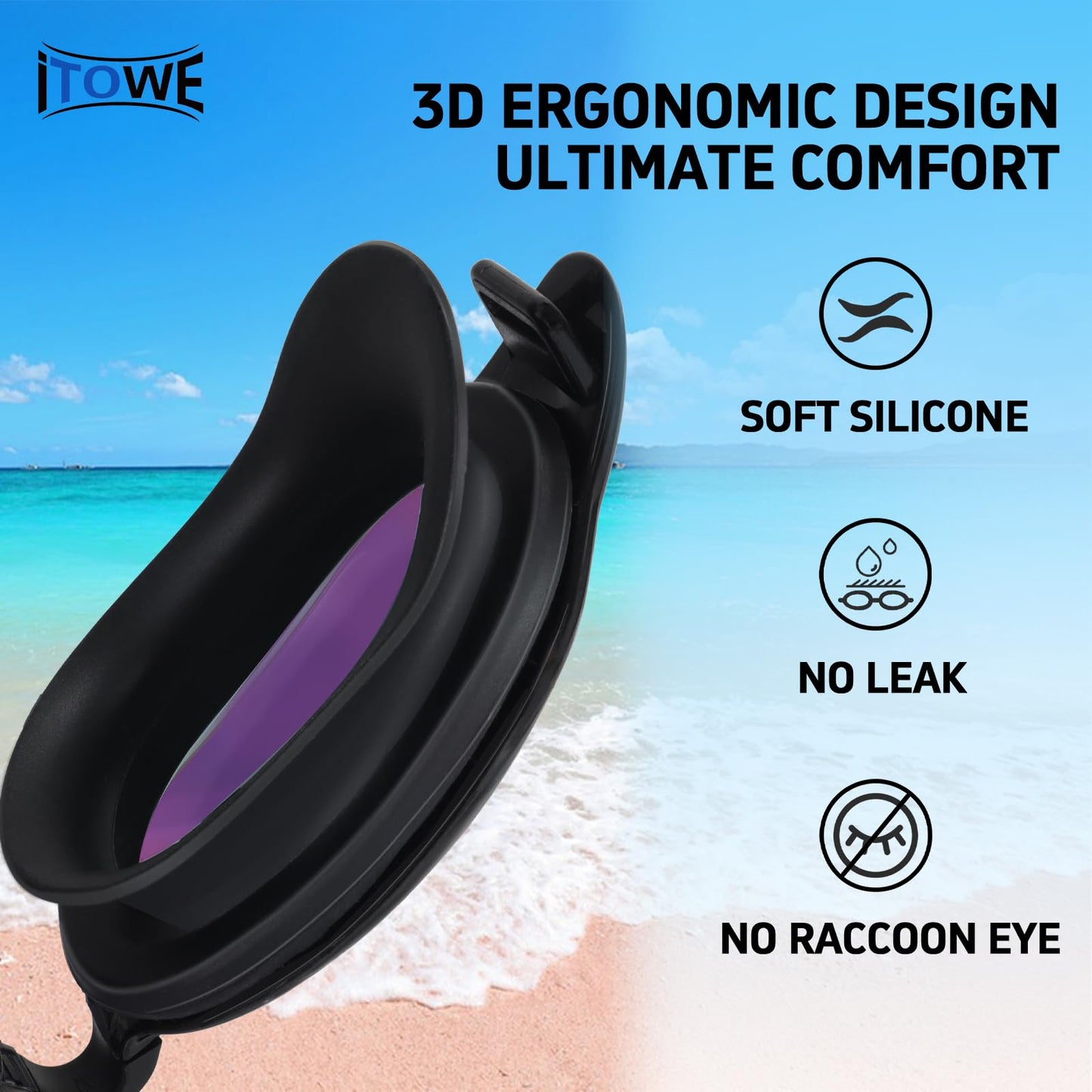 ITOWE Swim Goggles Swimming Goggles for Adult Men Women Youth Mirrored, Pool Water Swim Goggles Black Anti Fog UV Protection Soft Silicone Large Frame Design Beach