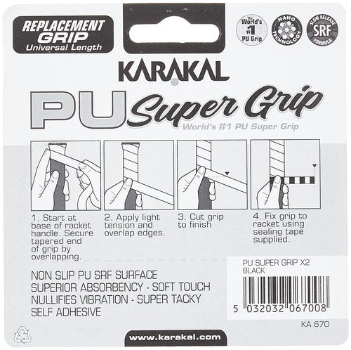 Karakal PU Supergrip Replacement Racquet Grip - Tennis/Badminton/Squash 2 x Grip (Black)