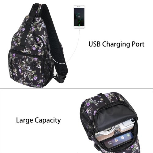 MOSISO Sling Backpack Bag, Wildflower Bouquet Crossbody Shoulder Bag Travel Hiking Daypack Chest Bag with Front Square Pocket&USB Charging Port, Black