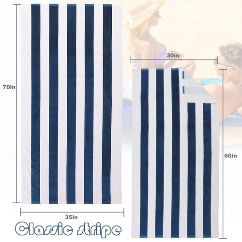 Exclusivo Mezcla Cotton Oversized 35x70 Inches Cabana Stripe Beach Towel, Super Absorbent Soft Plush Pool Bath Towel (Dark Navy)