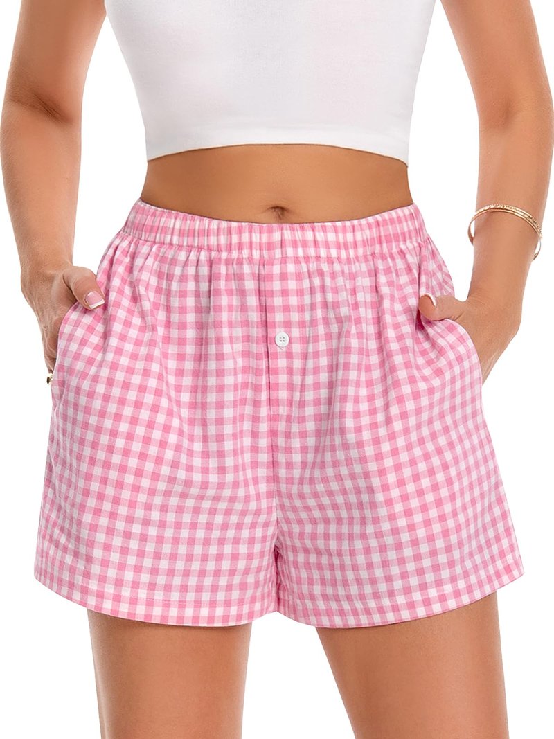Boxer Shorts for Women Summer Gingham Pajama Casual Plaid Shorts Y2K Beach Bottoms with Pocket(Pink, M)