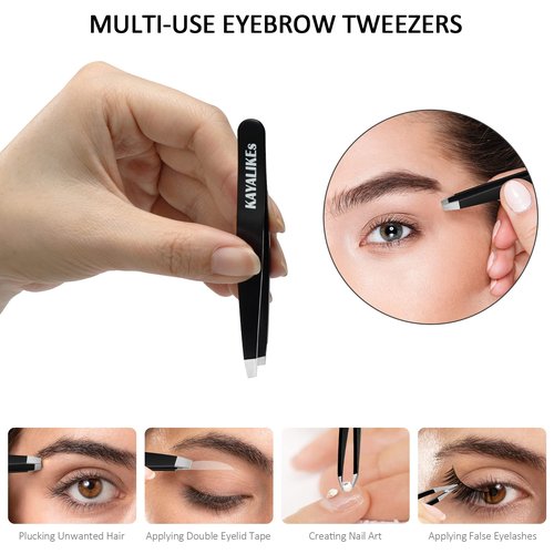 Tweezers Set for Eyebrows, KayaLikes 4 Pcs Precision Tweezers Set for Girls and Women, Excellent at-home Grooming Tools with Leather Case, Black