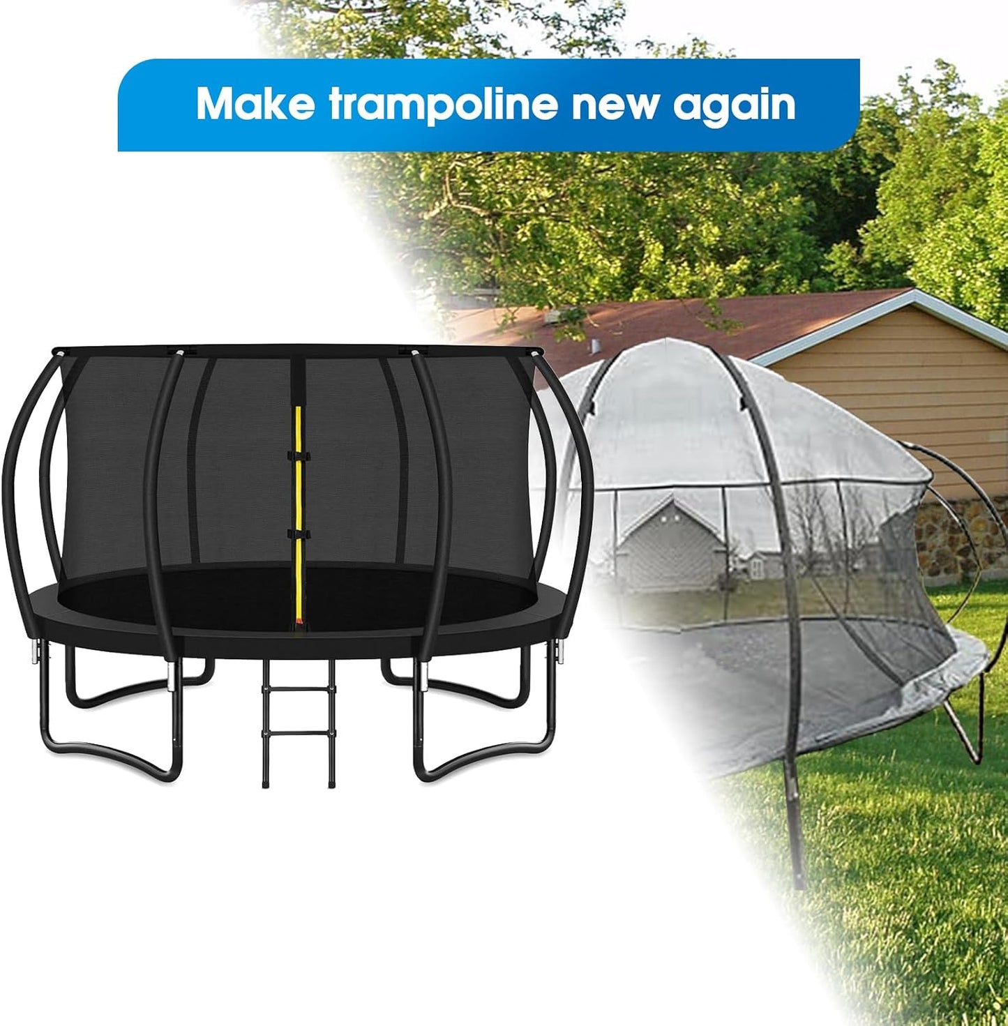 2 Sets Universal Trampoline Replacement Curved Net Pole, Curved Poles Kit for 10-16ft Frame, with Plastic Tube Cap, Mounting Hardware, Foam Cover Padding