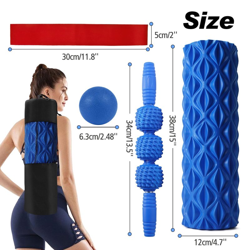 JOYENERGY 5 in 1 Foam Roller Set Trigger Point Foam Roller, Massage Roller Stick, Massage Ball, Stretching Strap for Deep Muscle Massage Pilates Yoga, Fitness Exercise for Whole Body (Blue Diamond)