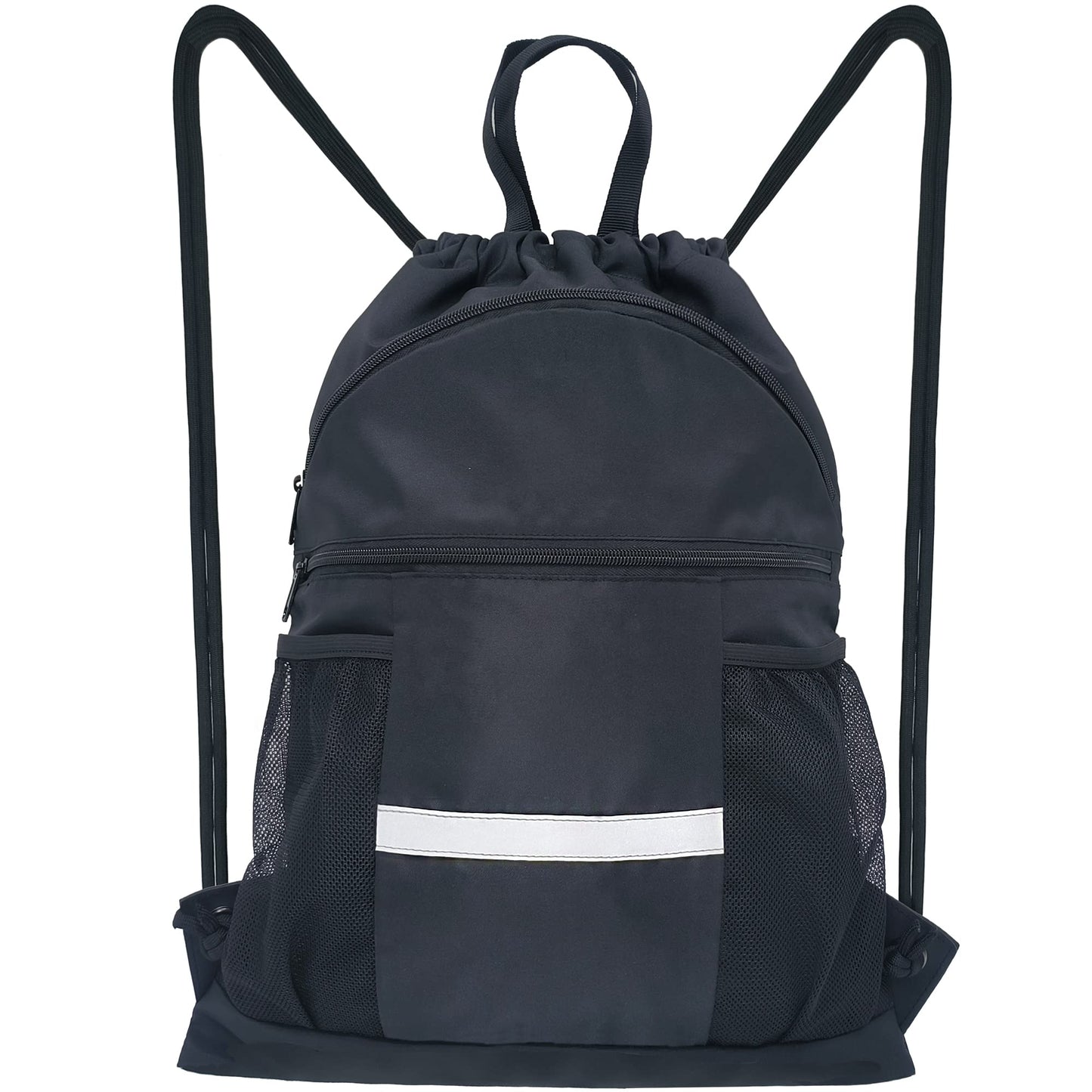 CALACH Drawstring Backpack Sports Gym Bag with Shoe Compartment, X-Large String Bag for Women Men with Zipper Pockets and Mesh Pockets (Black)