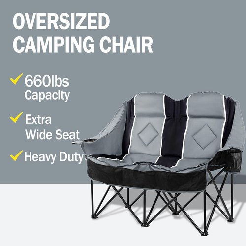 Oversized Double Camping Loveseat Chair for Adults, XL Heavy Duty 2 Person Comfy Couch with Cup Holders & Storage Pocket, Folding Portable Outdoor Chair for Camp, Yard, Fishing, Lawn,Tailgating