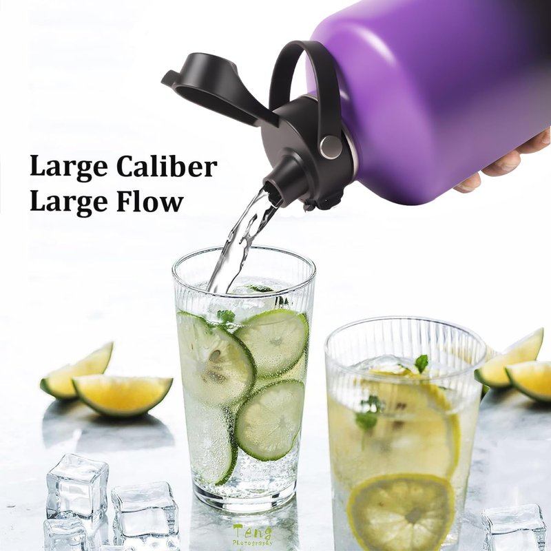 Water Bottle Insulated 32oz 40oz 64oz 128oz Straw Lid Spout Lid & 3 Lids, Leak Proof, Vacuum Insulated,Stainless Steel Water Bottle Wide Mouth for Sports, Gym or Office (Purple Black, 128 oz)