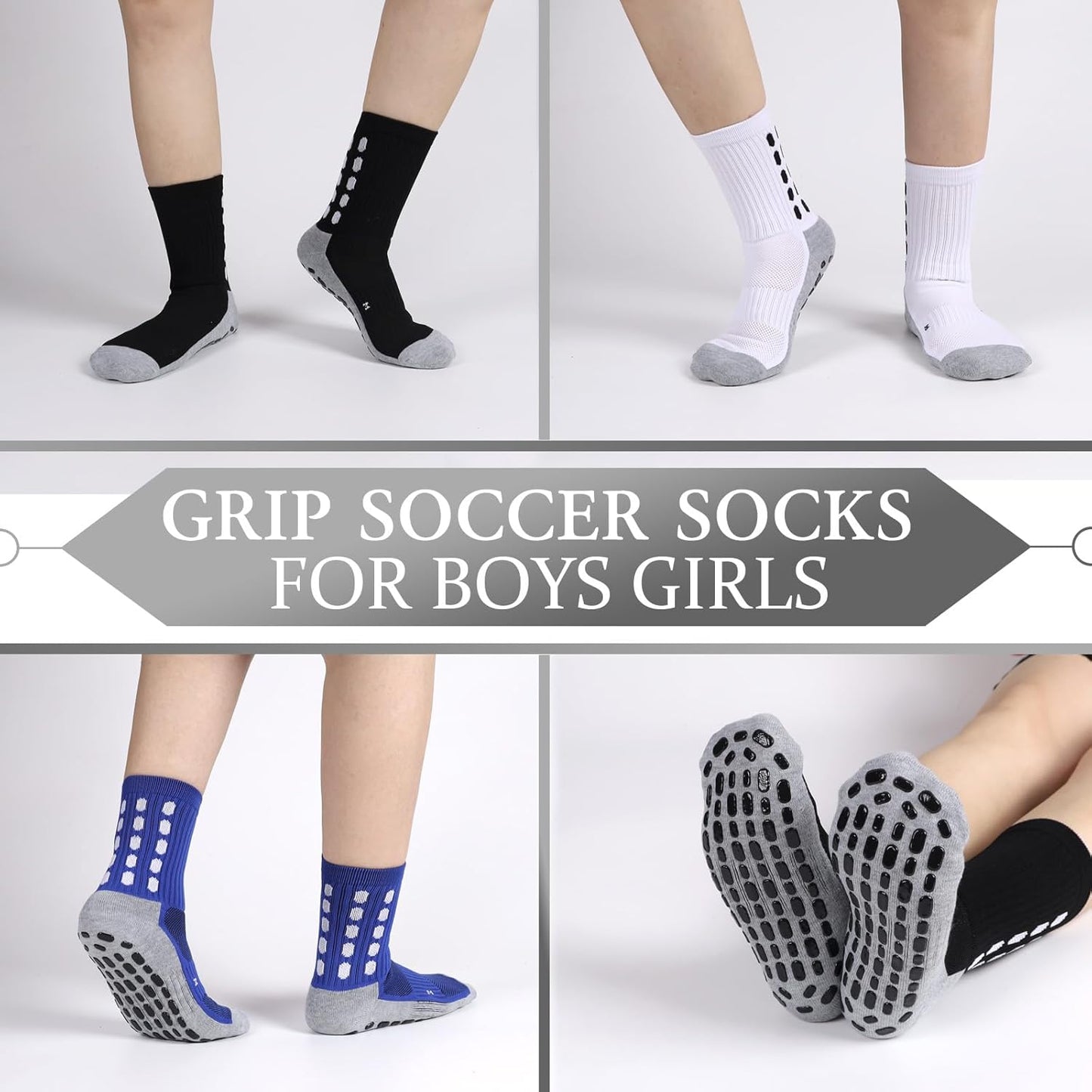 3 Pairs Kids Grip Soccer Socks Cushioned Non Slip Football Athletic Sports Socks for Boys Girls