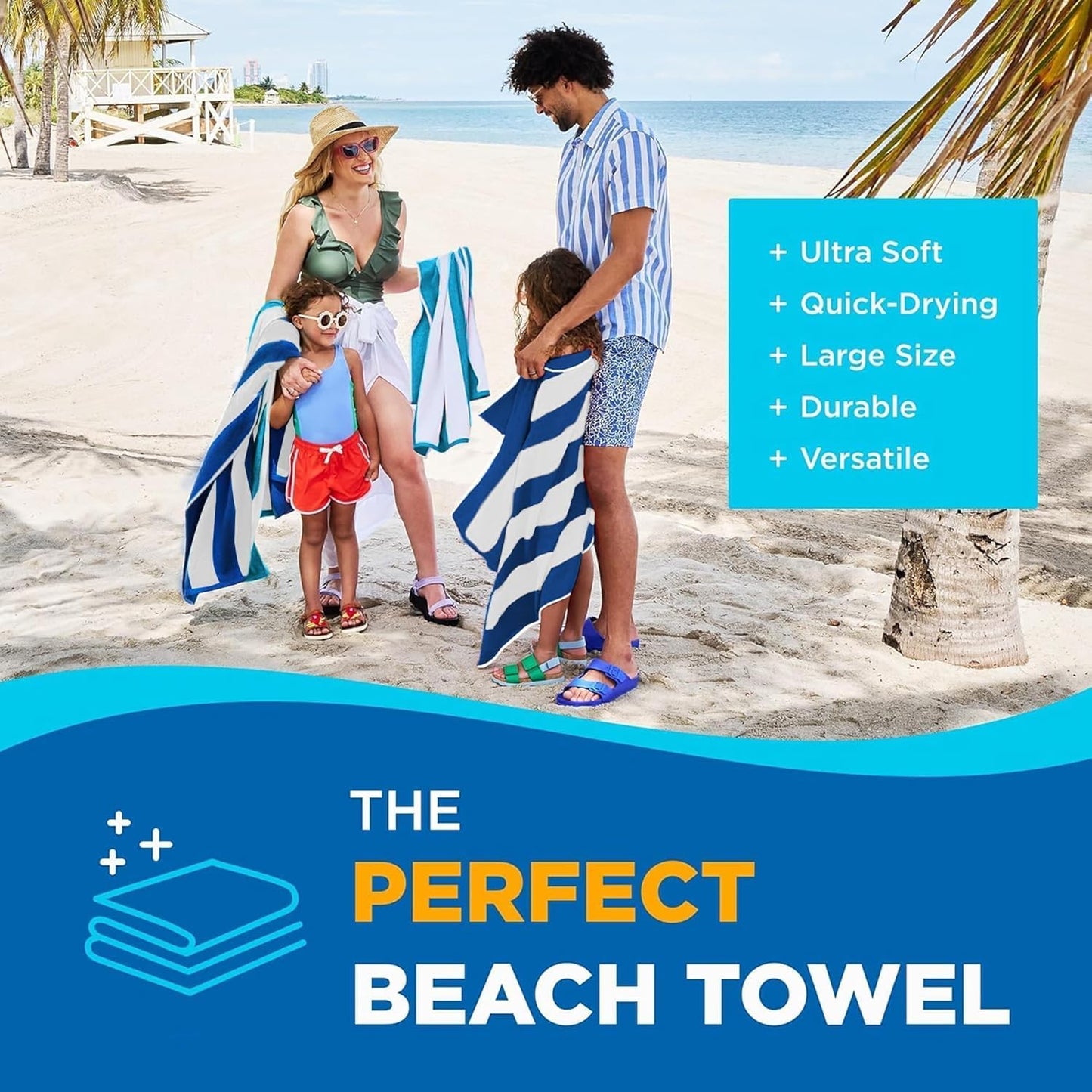 Kaufman - Large Beach Towels | 30" x 60" Terry Cabana Striped | Absorbent, Quick-Drying | 100% Cotton Thick Beach Towels (Blue & Turquoise) (2-Pack)