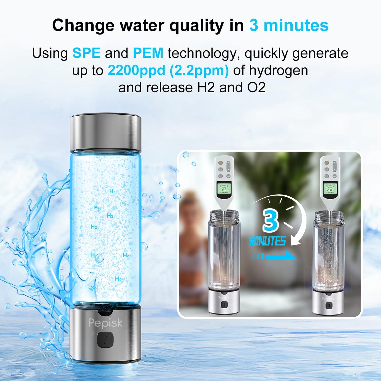 2025 New Hydrogen Water Generator Bottles, Hydrogenated Water Bottle with SPE PEM Technology Up to 2200PPB, 460ml Hydrogen Water Bottle Generator for Home, Office, and Travel- Certified H2 Generator