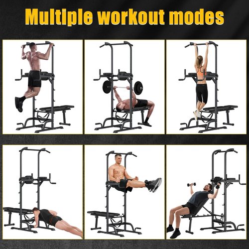 HEVIRGO All-in-One Multifunctional Power Tower with Height Adjustable, Heavy-Duty Construction, Push Up Stand,Pull Up Bar Dip Station/Stand for Home Gym Strength Training Workout Equipment Black