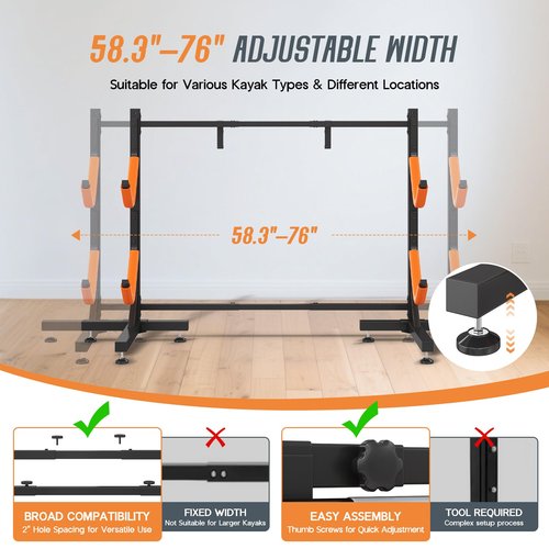 SPECRAFT Freestanding Kayak Storage Rack for 2 Kayaks, Adjustable Width Stand with Stable T-Base, EVA Tube Sleeves, for Indoor Outdoor Garage