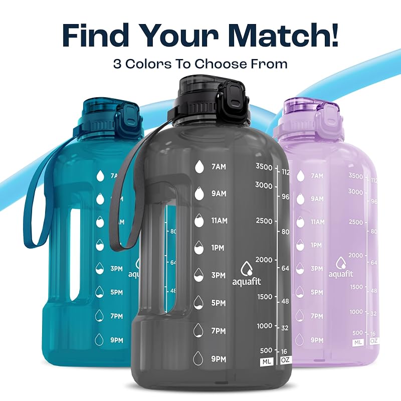 AQUAFIT 1 Gallon Water Bottle with Time Marker + 2-in-1 Lid, Gray 128 oz