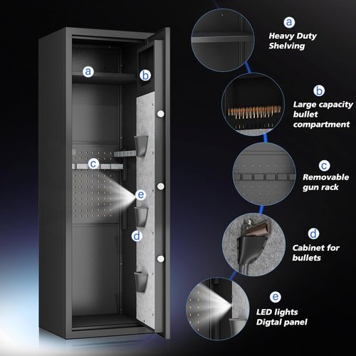 Biometric Gun Safe for Home, Large Capacity Rifle & Pistol Safe with 3 Pistol Pouches, Gun Safe Cabinet with Quick-Access Lock,Fingerprint password lock, No Assembly Required (57"H 14"W 12''D)