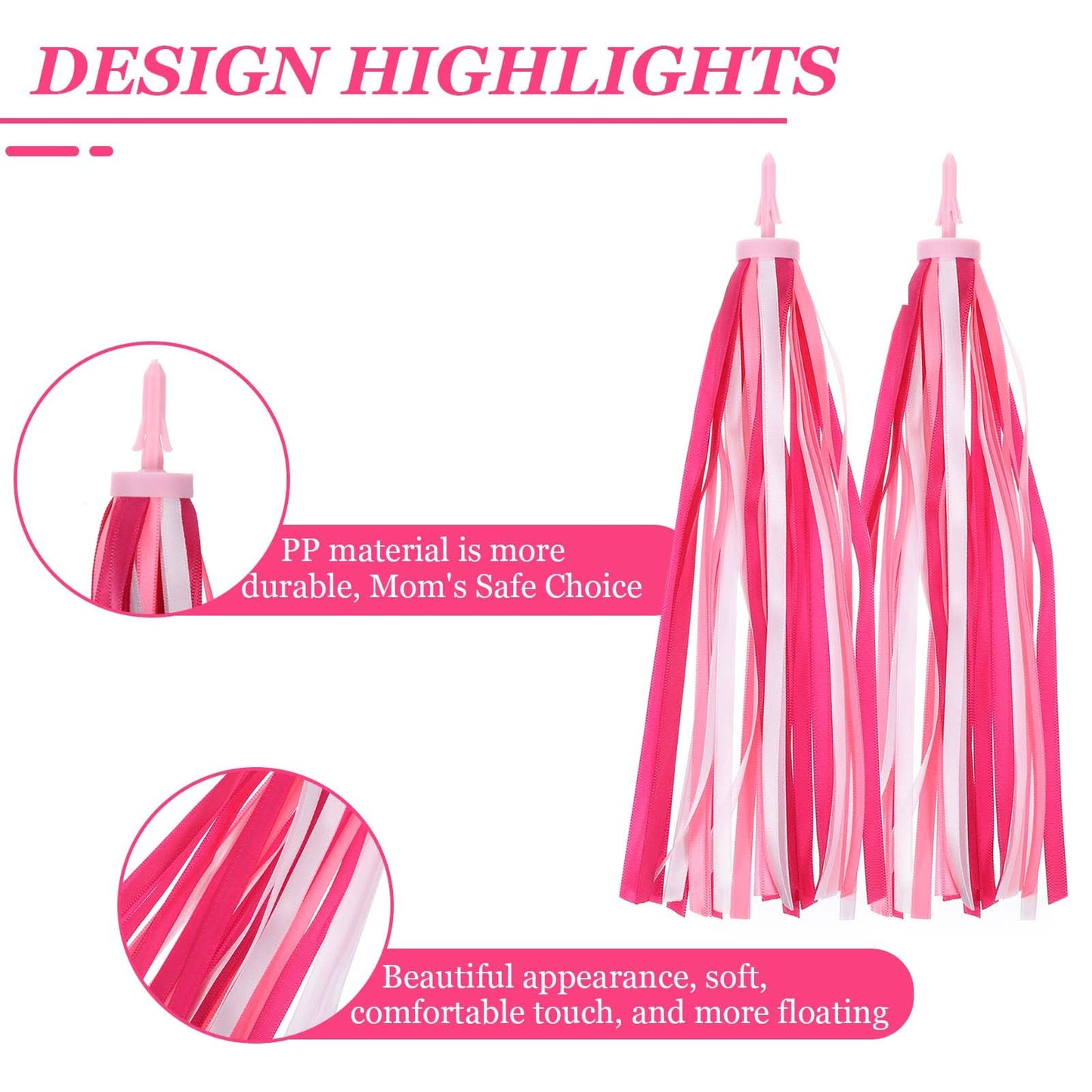 2Pcs Kids Bike Handlebar Streamers Tassels Gradient Pink Scooter Bicycle, Tricycle Handle Bar Grips, Bike Bell Accessories, Colorful Ribbons for Kids and Girls Boys
