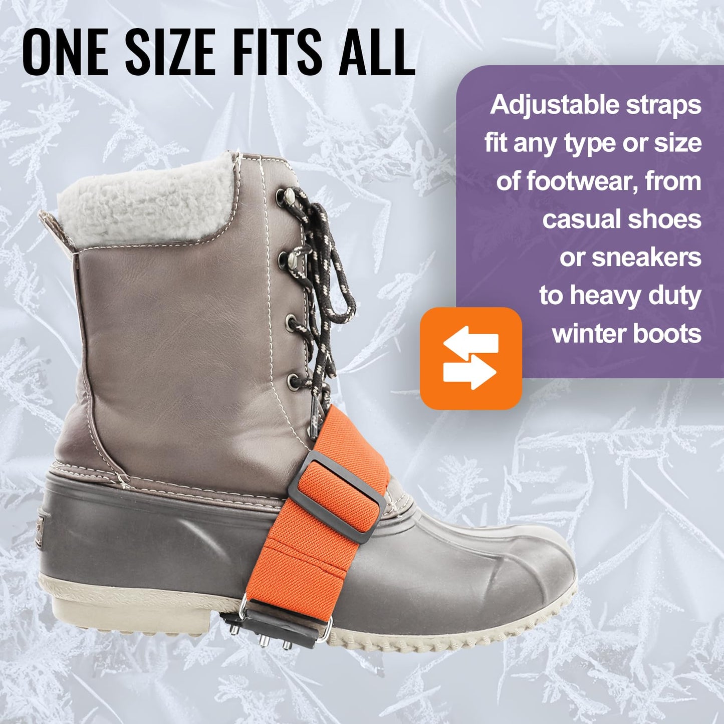 Ice Gripster Treads Nonslip Traction Cleats for Snow and Ice, Anti-Slip Overshoe Mid-Sole Crampons with Adjustable Straps, 7 Tungsten Studs for Secure Grip, Orange and Black