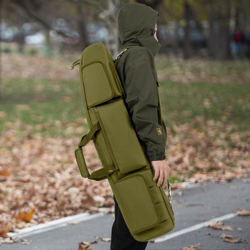 DULCE DOM Double Rifle Case, 38 42 44 inch Soft Gun Tactical Bag for Shooting Range, Movable Divider for 1 or 2 Gears, Multiple Magazine Pouches & Accessory Bags (Green, 42'')