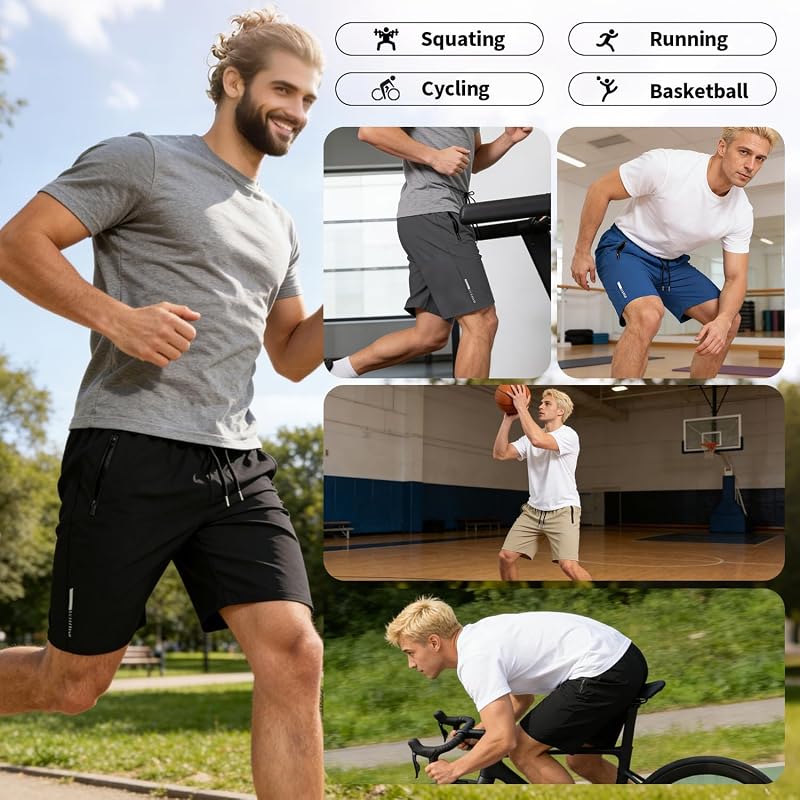 Lightweight Men's Athletic Shorts with Zipper Pockets - Quick-Dry 2-Pack (Black/Grey, Large) - Running, Gym, Basketball
