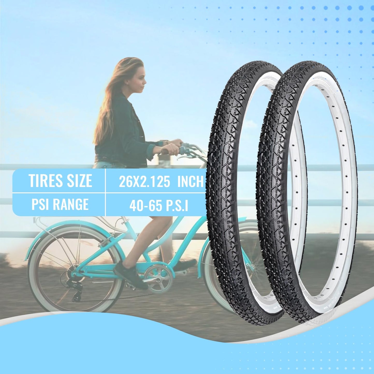 2-Pack Cruiser Bike Tires Set: MOHEGIA 26 x 2.125 Inch Folding Tires, Inner Tubes, and Tire Levers Replacement Kit for Beach Cruiser Bicycle -White Walled
